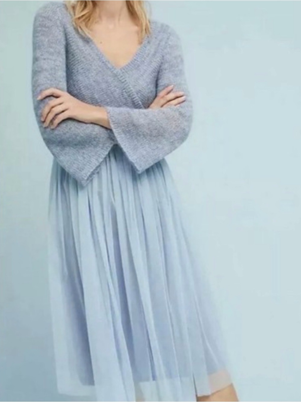 Maeve Light Blue V-Neck Knit & Tulle Midi Dress